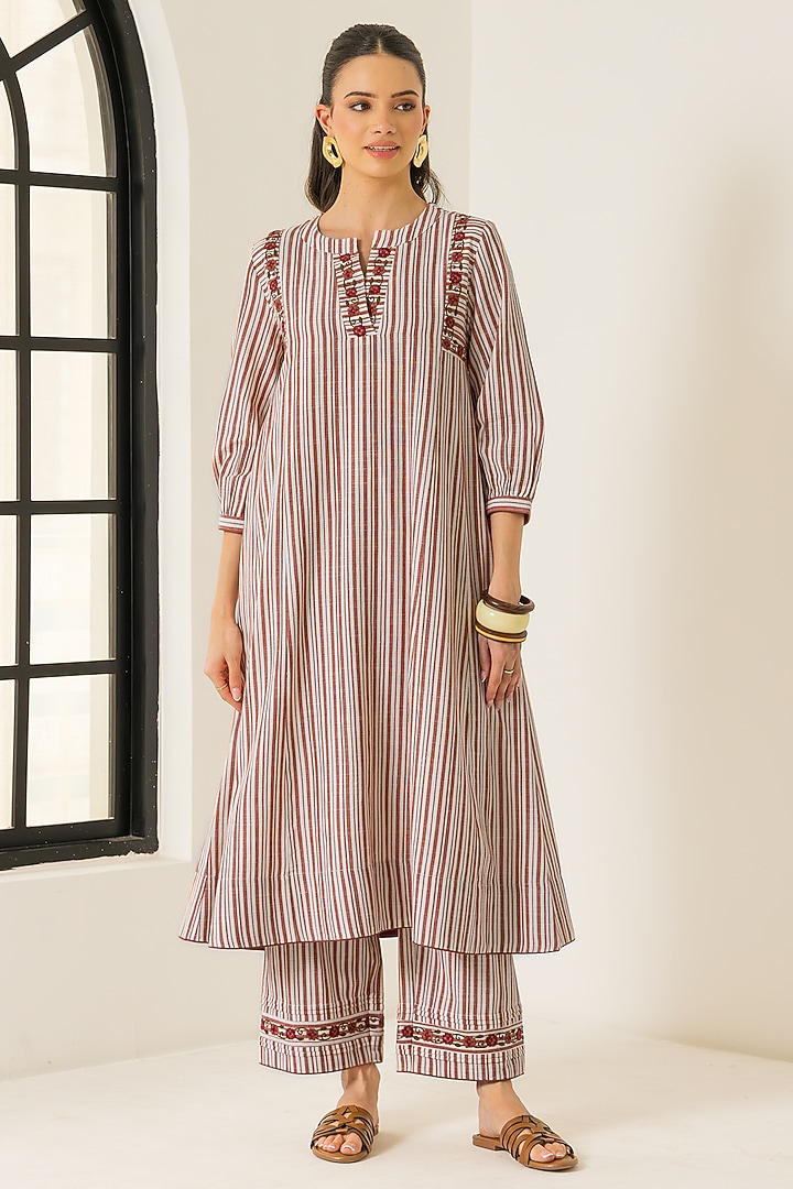 Ivory & Red Cotton Slub Striped A-Line Kurta Set by DOHR INDIA at Pernia's Pop Up Shop