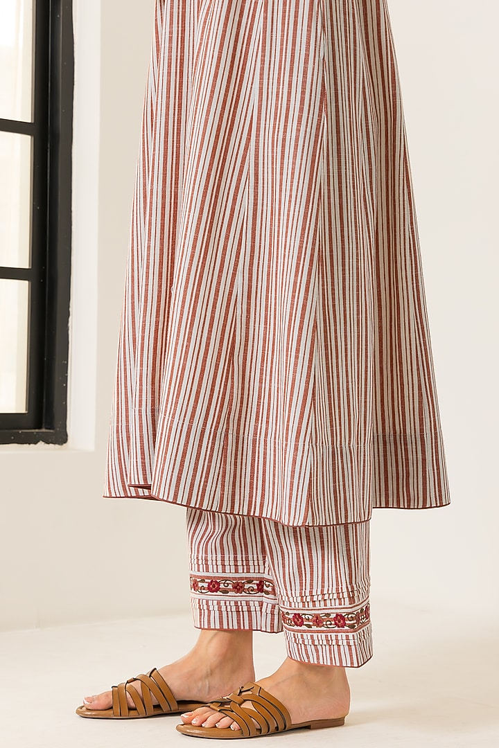 Ivory & Red Cotton Slub Striped A-Line Kurta Set by DOHR INDIA at Pernia's Pop Up Shop
