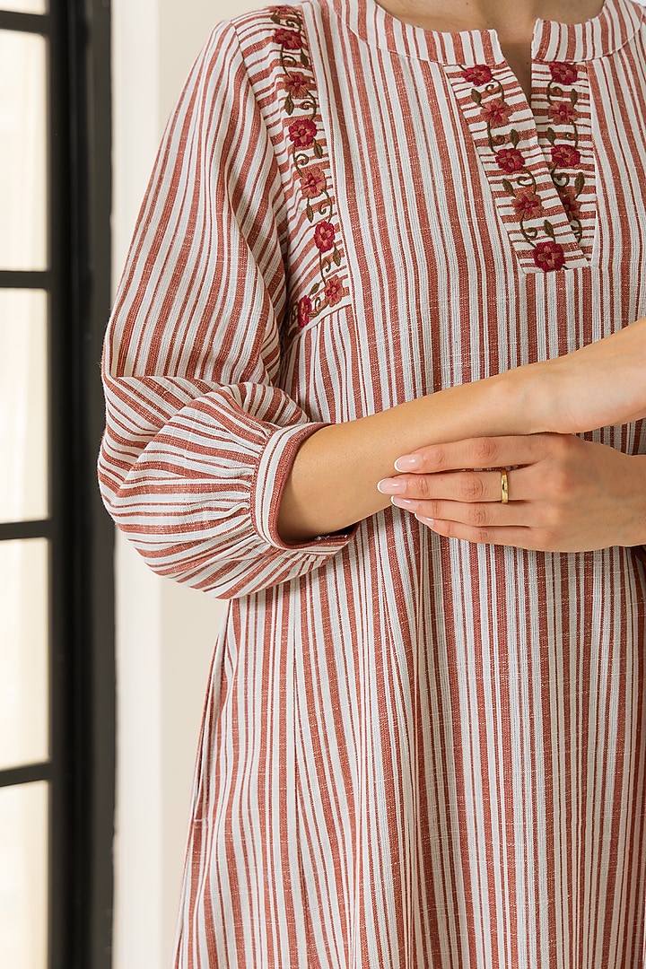 Ivory & Red Cotton Slub Striped A-Line Kurta Set by DOHR INDIA at Pernia's Pop Up Shop