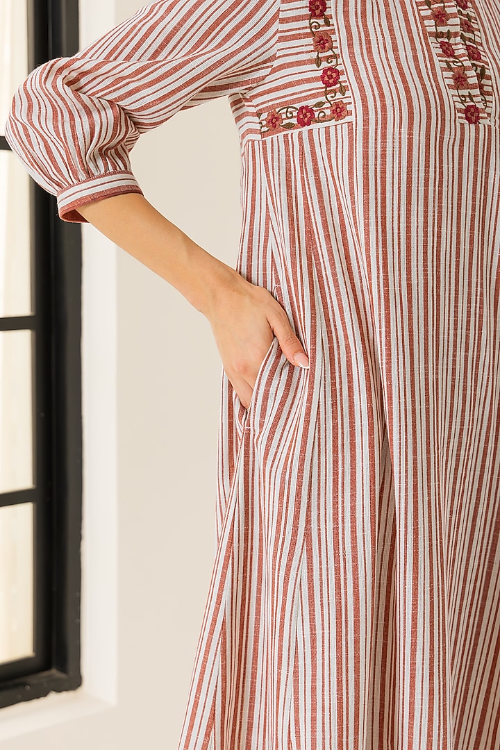 Ivory & Red Cotton Slub Striped A-Line Kurta Set by DOHR INDIA at Pernia's Pop Up Shop