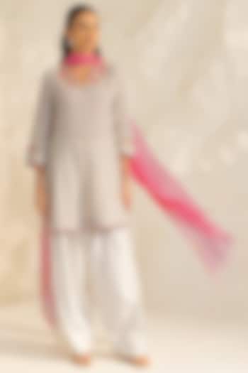 Beige Cotton Flax Striped Short A-line Kurta Set by DOHR INDIA at Pernia's Pop Up Shop
