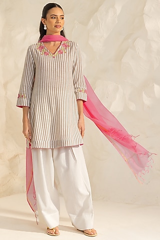 Beige Cotton Flax Striped Short A-line Kurta Set by DOHR INDIA