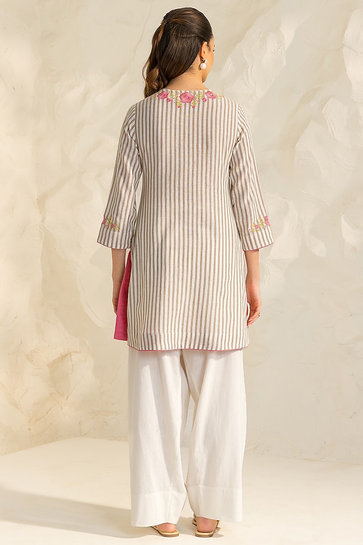 Beige Cotton Flax Striped Short A-line Kurta Set by DOHR INDIA at Pernia's Pop Up Shop