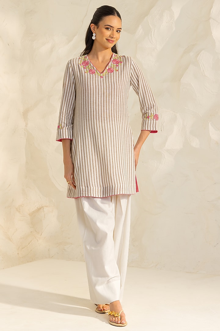 Beige Cotton Flax Striped Short A-line Kurta Set by DOHR INDIA at Pernia's Pop Up Shop