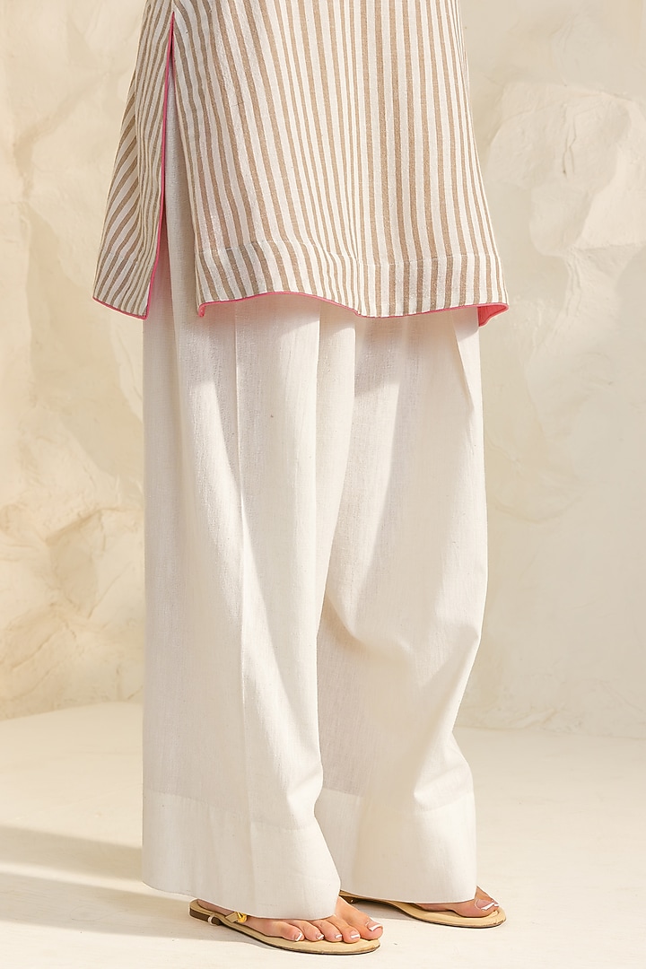 Beige Cotton Flax Striped Short A-line Kurta Set by DOHR INDIA at Pernia's Pop Up Shop