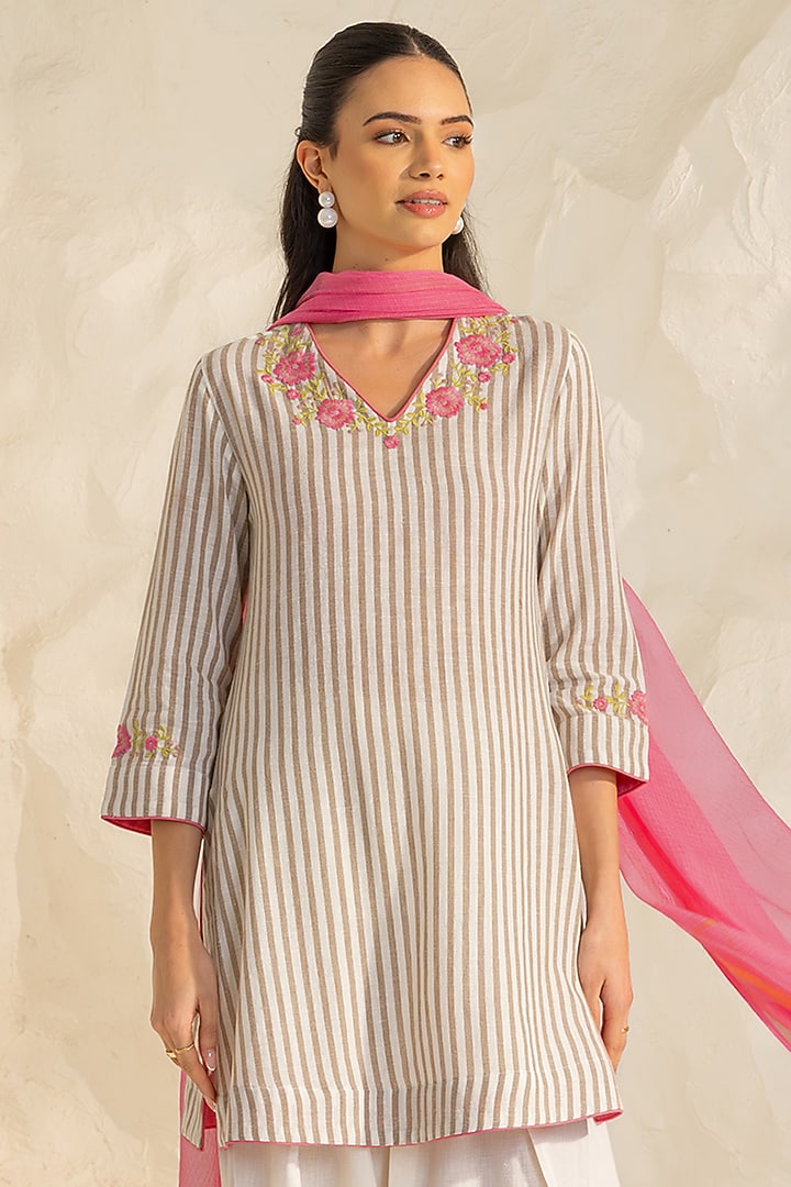 Beige Cotton Flax Striped Short A-line Kurta Set by DOHR INDIA at Pernia's Pop Up Shop
