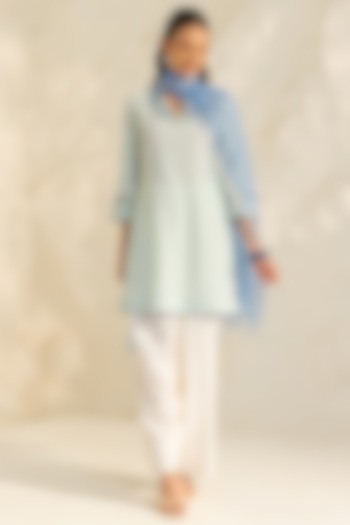 Green & Ivory Cotton Flax Striped Short A-line Kurta Set by DOHR INDIA at Pernia's Pop Up Shop