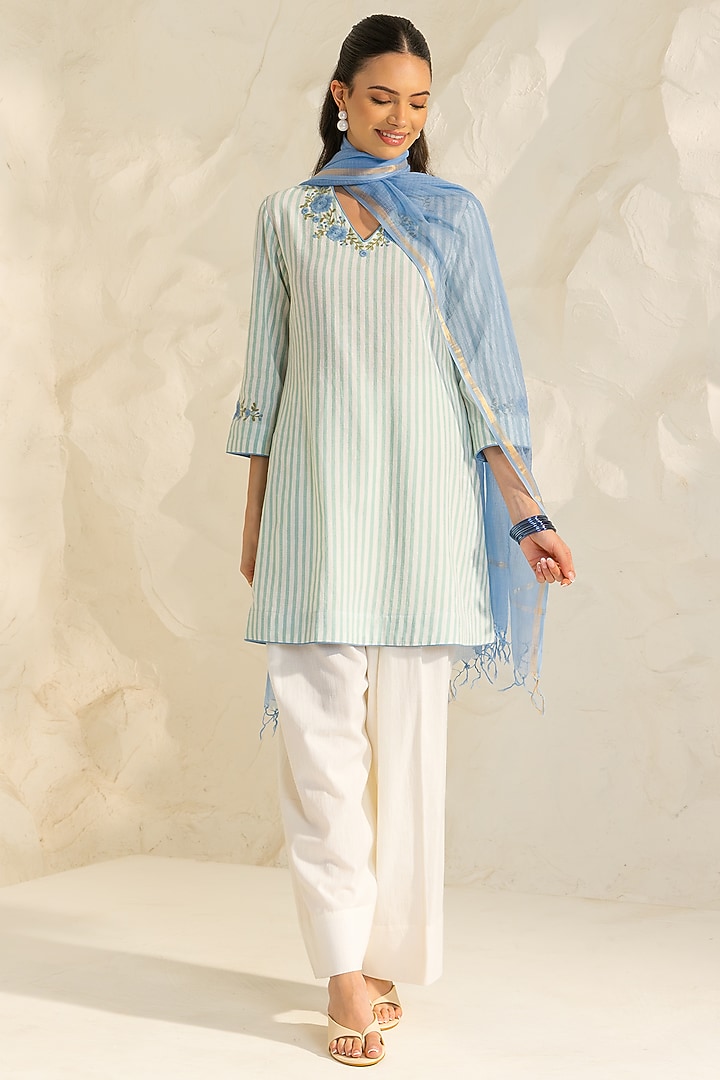 Green & Ivory Cotton Flax Striped Short A-line Kurta Set by DOHR INDIA at Pernia's Pop Up Shop