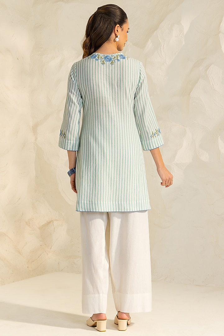 Green & Ivory Cotton Flax Striped Short A-line Kurta Set by DOHR INDIA at Pernia's Pop Up Shop