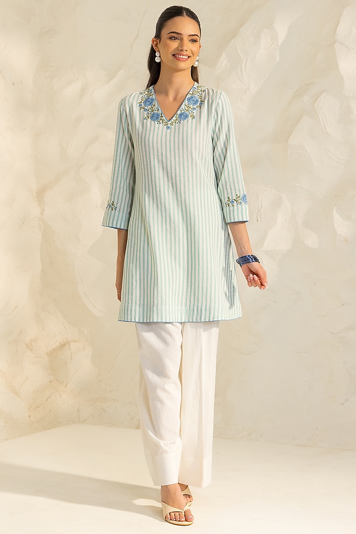 Green & Ivory Cotton Flax Striped Short A-line Kurta Set by DOHR INDIA at Pernia's Pop Up Shop