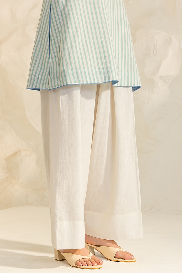 Green & Ivory Cotton Flax Striped Short A-line Kurta Set by DOHR INDIA at Pernia's Pop Up Shop