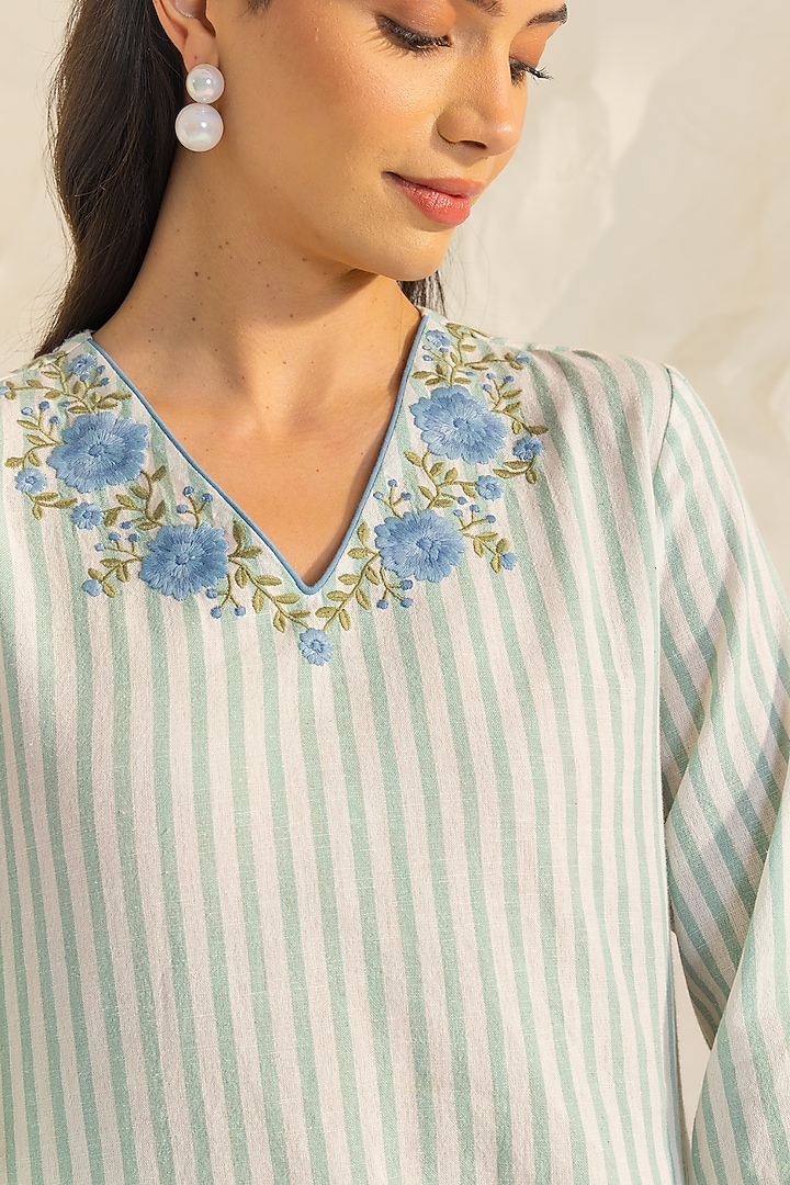 Green & Ivory Cotton Flax Striped Short A-line Kurta Set by DOHR INDIA at Pernia's Pop Up Shop