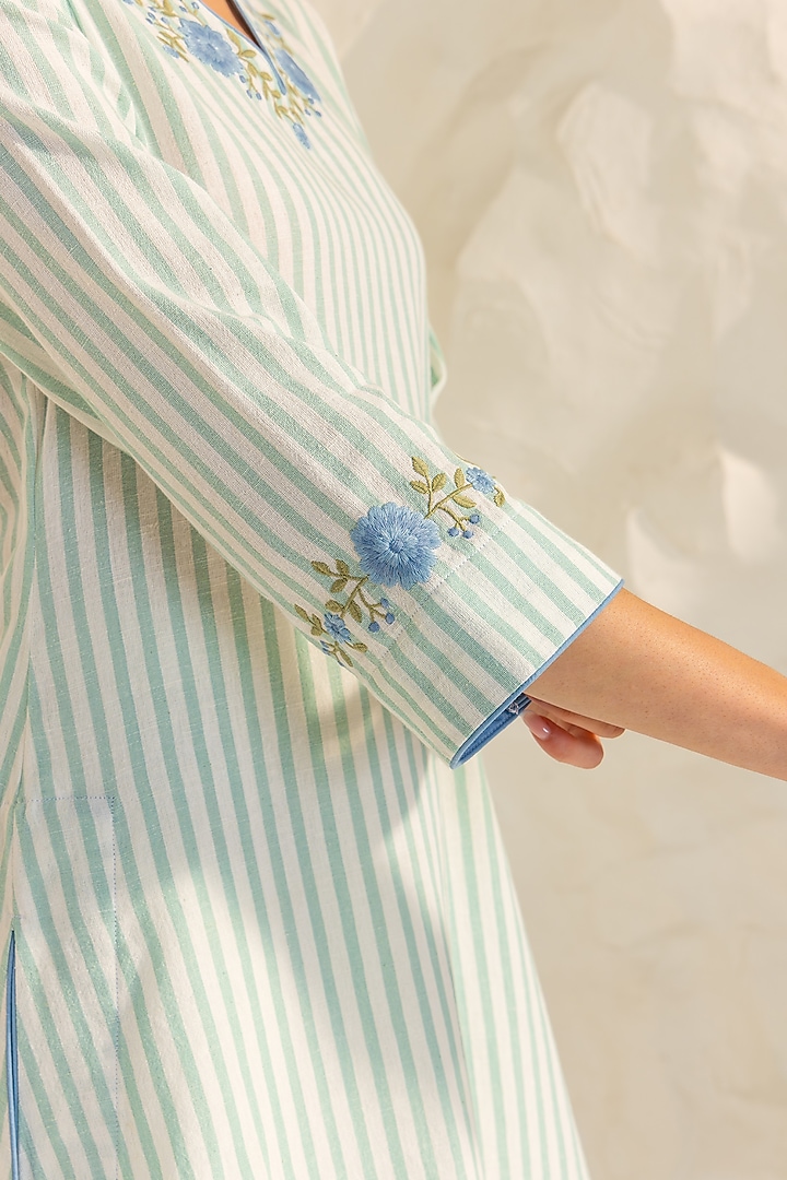 Green & Ivory Cotton Flax Striped Short A-line Kurta Set by DOHR INDIA at Pernia's Pop Up Shop