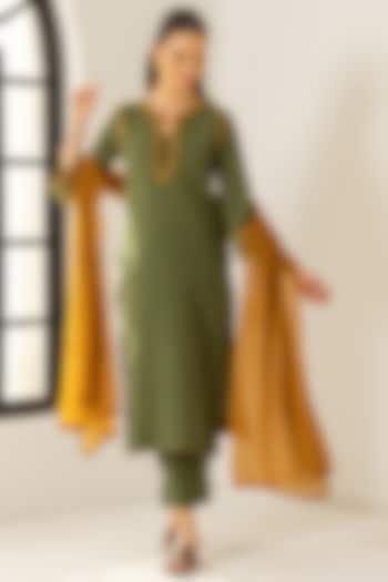 Green Cotton Slub Striped Straight Kurta Set by DOHR INDIA at Pernia's Pop Up Shop