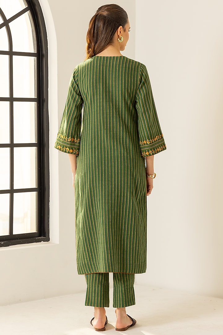 Green Cotton Slub Striped Straight Kurta Set by DOHR INDIA at Pernia's Pop Up Shop