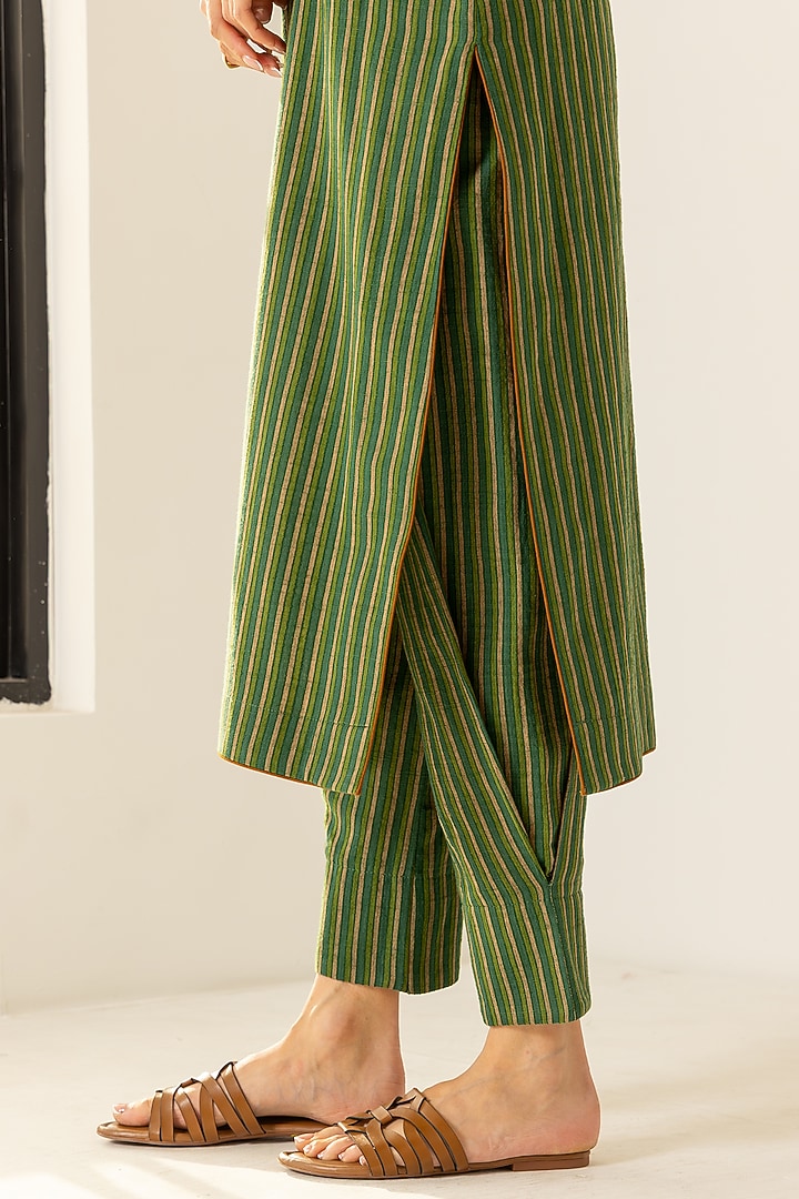 Green Cotton Slub Striped Straight Kurta Set by DOHR INDIA at Pernia's Pop Up Shop