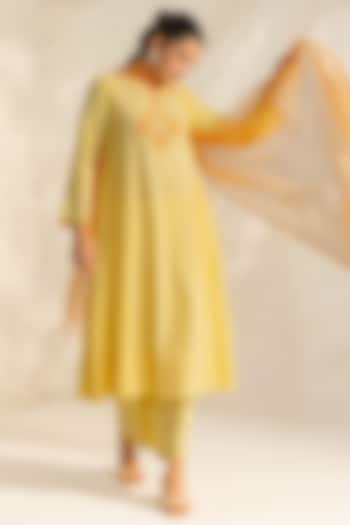 Yellow Cotton Slub Jacquard Hand Embroidered A-Line Kurta Set by DOHR INDIA at Pernia's Pop Up Shop