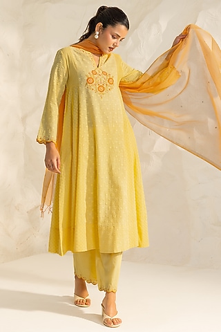 Yellow Cotton Slub Jacquard Hand Embroidered A-Line Kurta Set by DOHR INDIA