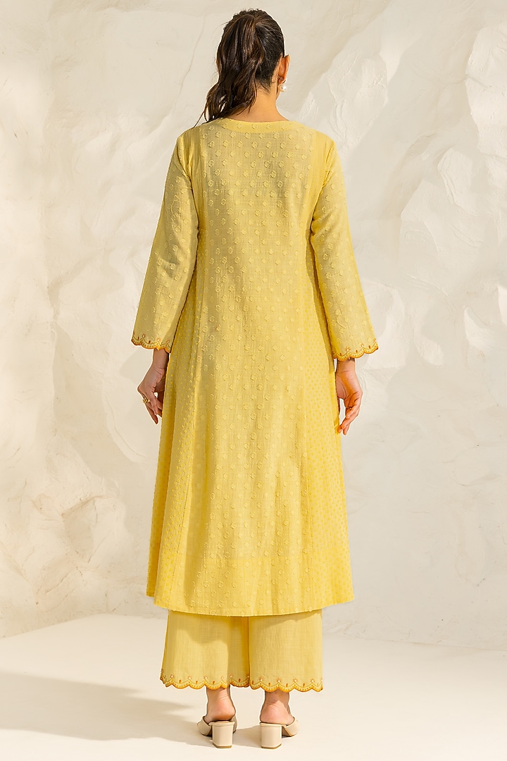 Yellow Cotton Slub Jacquard Hand Embroidered A-Line Kurta Set by DOHR INDIA at Pernia's Pop Up Shop