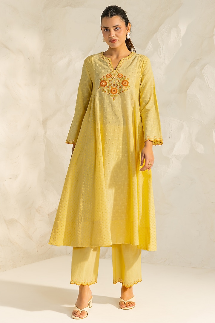 Yellow Cotton Slub Jacquard Hand Embroidered A-Line Kurta Set by DOHR INDIA at Pernia's Pop Up Shop
