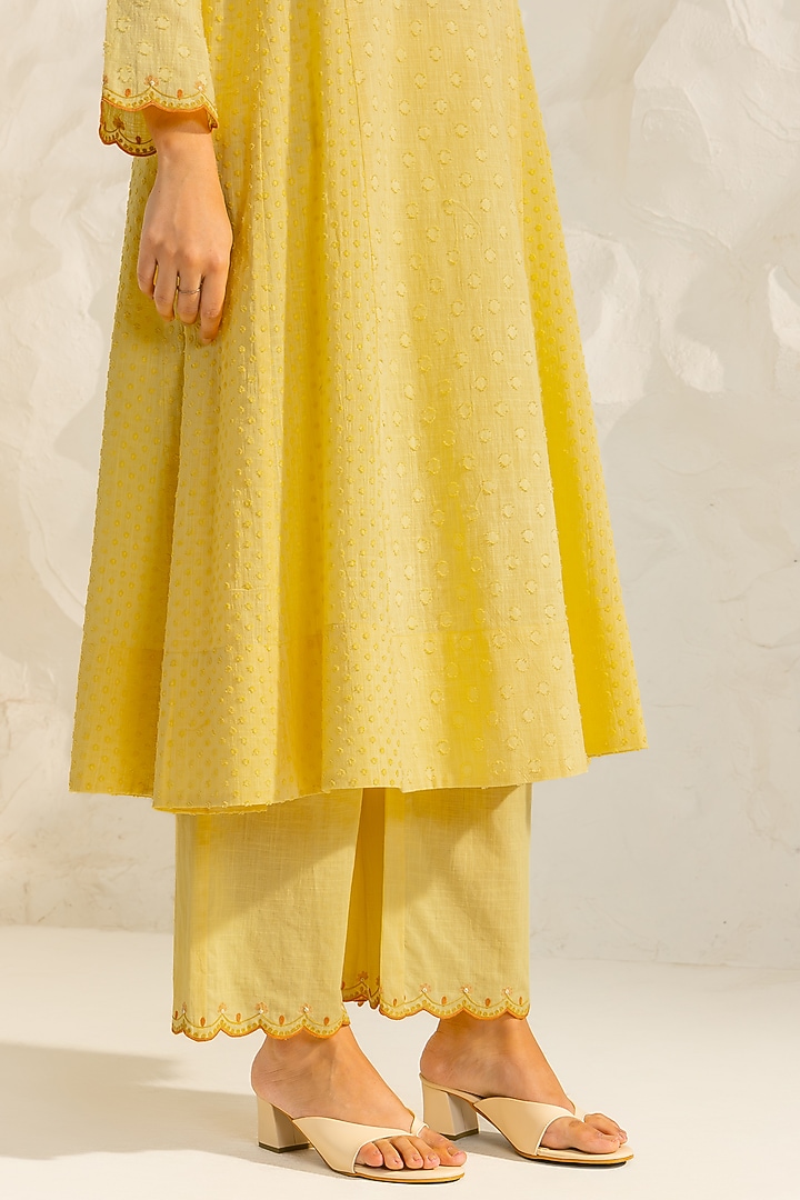 Yellow Cotton Slub Jacquard Hand Embroidered A-Line Kurta Set by DOHR INDIA at Pernia's Pop Up Shop