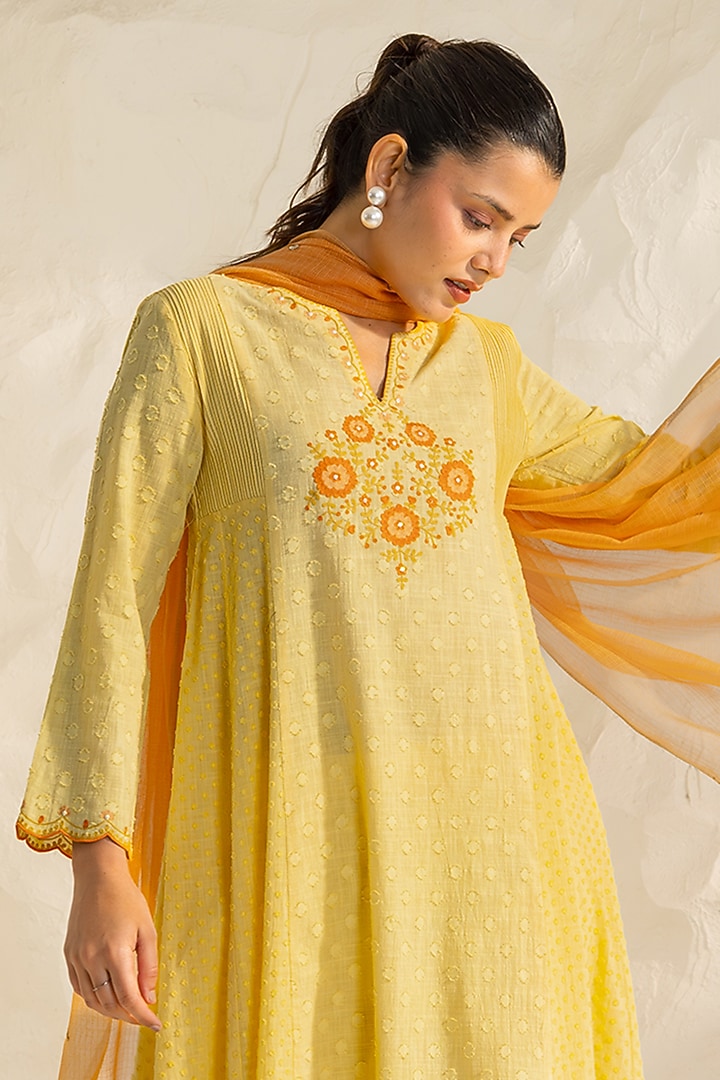 Yellow Cotton Slub Jacquard Hand Embroidered A-Line Kurta Set by DOHR INDIA at Pernia's Pop Up Shop