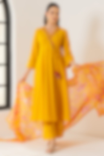 Orange Cotton Slub Jacquard Aari Embroidered Angrakha Kurta Set by DOHR INDIA at Pernia's Pop Up Shop