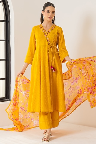 Orange Cotton Slub Jacquard Aari Embroidered Angrakha Kurta Set by DOHR INDIA