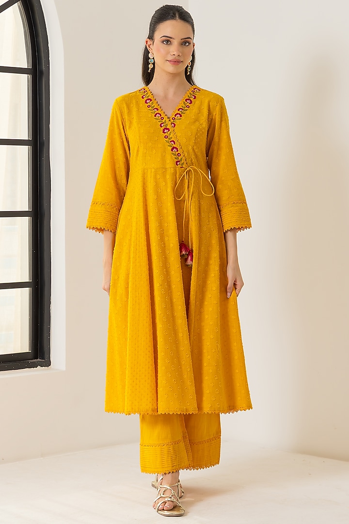 Orange Cotton Slub Jacquard Aari Embroidered Angrakha Kurta Set by DOHR INDIA at Pernia's Pop Up Shop