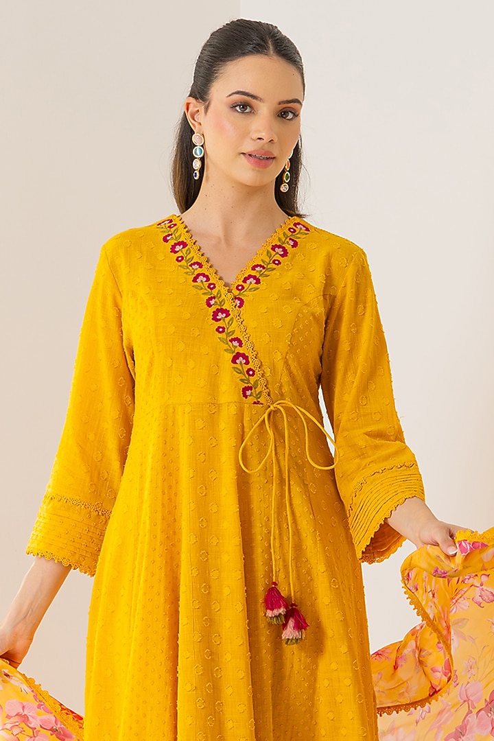 Orange Cotton Slub Jacquard Aari Embroidered Angrakha Kurta Set by DOHR INDIA at Pernia's Pop Up Shop