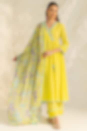 Yellow Cotton Slub Jacquard Aari Embroidered Angrakha Kurta Set by DOHR INDIA at Pernia's Pop Up Shop