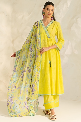 Yellow Cotton Slub Jacquard Aari Embroidered Angrakha Kurta Set by DOHR INDIA