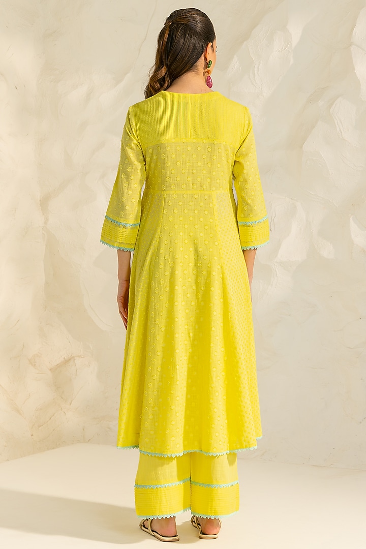 Yellow Cotton Slub Jacquard Aari Embroidered Angrakha Kurta Set by DOHR INDIA at Pernia's Pop Up Shop