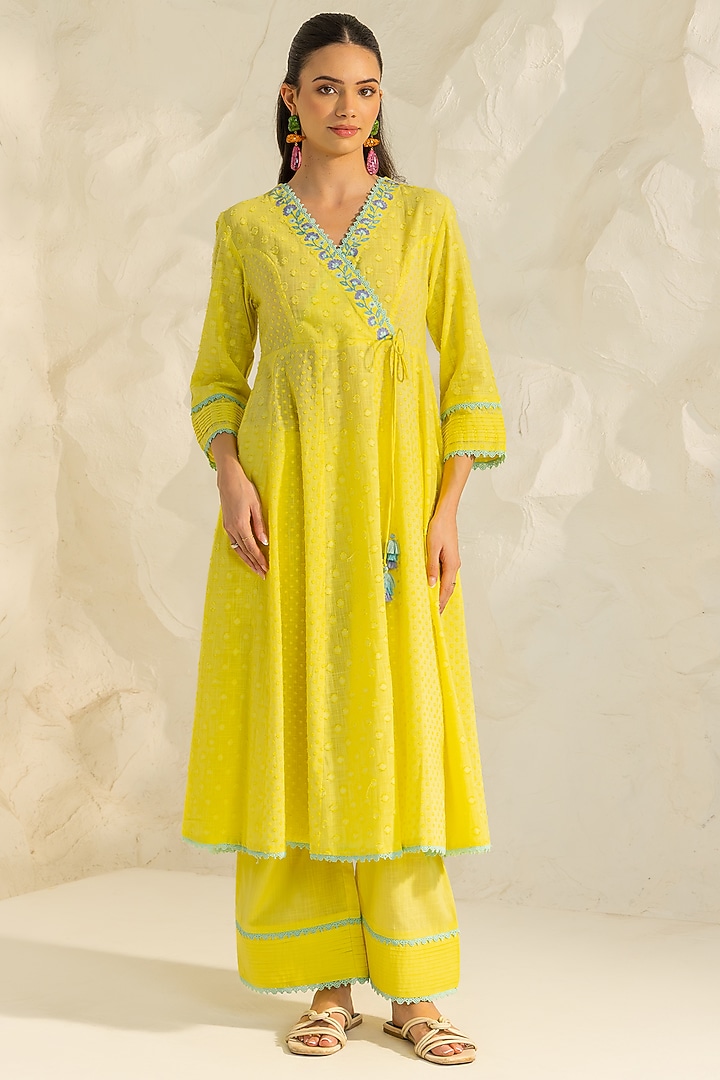 Yellow Cotton Slub Jacquard Aari Embroidered Angrakha Kurta Set by DOHR INDIA at Pernia's Pop Up Shop