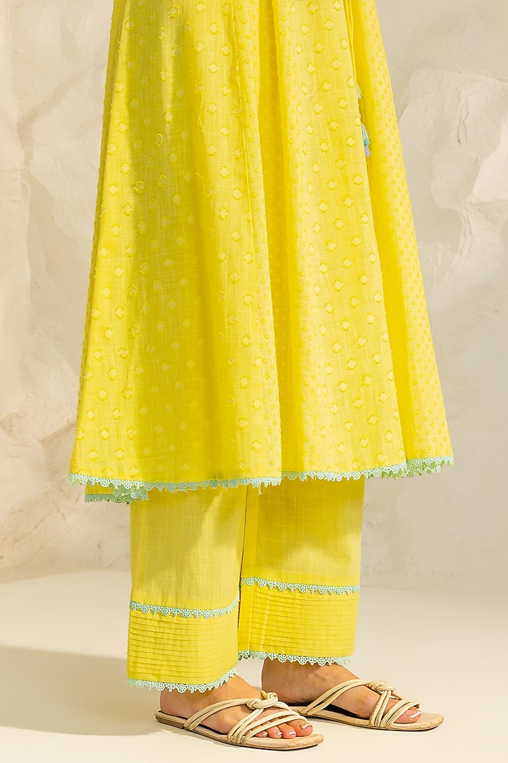 Yellow Cotton Slub Jacquard Aari Embroidered Angrakha Kurta Set by DOHR INDIA at Pernia's Pop Up Shop