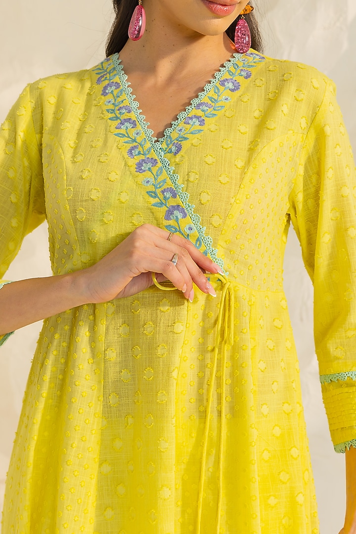 Yellow Cotton Slub Jacquard Aari Embroidered Angrakha Kurta Set by DOHR INDIA at Pernia's Pop Up Shop
