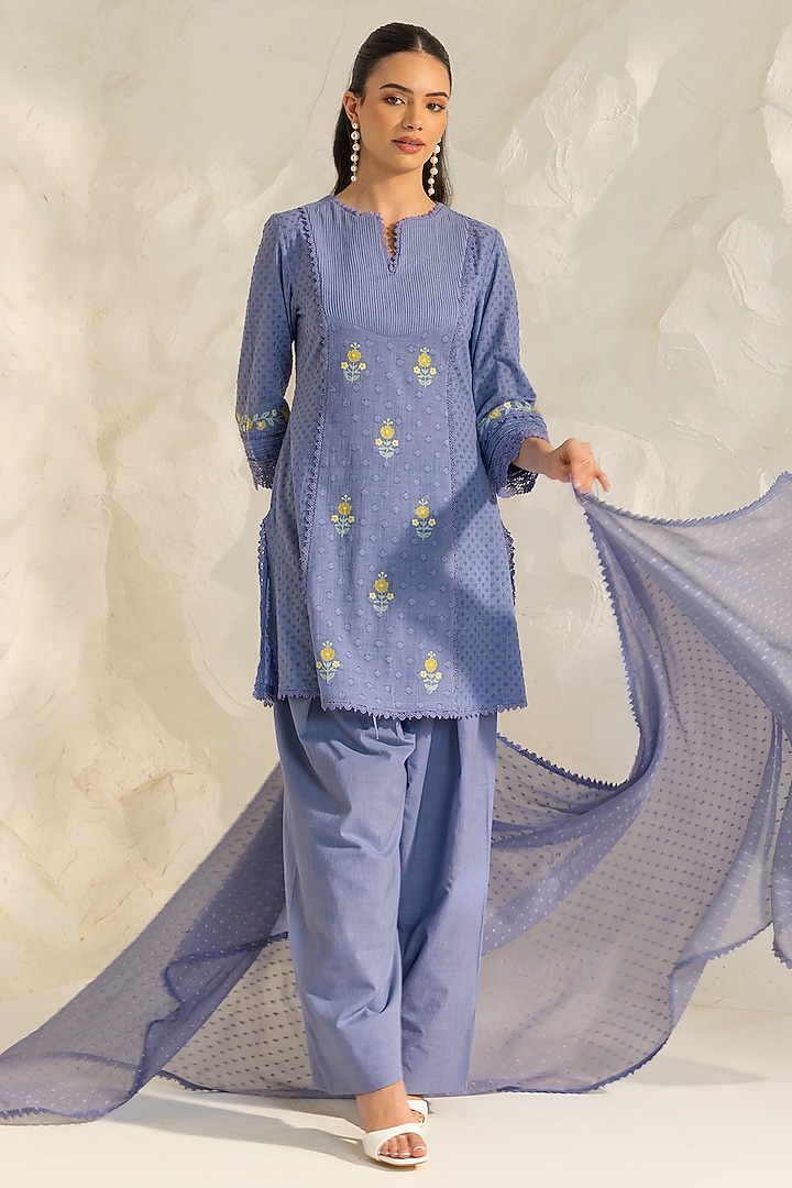Blue Cotton Slub Jacquard Aari Embroidered Short Kurta Set by DOHR INDIA at Pernia's Pop Up Shop