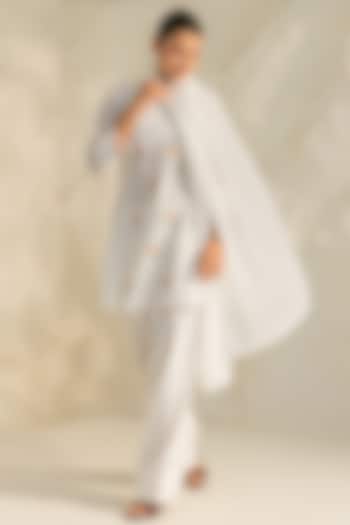 White Cotton Slub Jacquard Aari Embroidered Short Kurta Set by DOHR INDIA at Pernia's Pop Up Shop