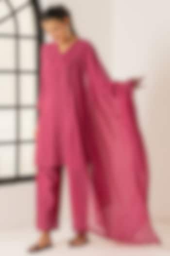 Pink Cotton Chanderi Silk Straight Short Kurta Set by DOHR INDIA at Pernia's Pop Up Shop