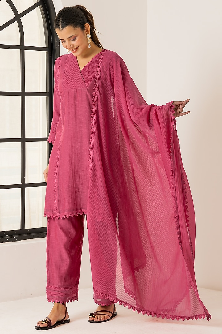 Pink Cotton Chanderi Silk Straight Short Kurta Set by DOHR INDIA at Pernia's Pop Up Shop