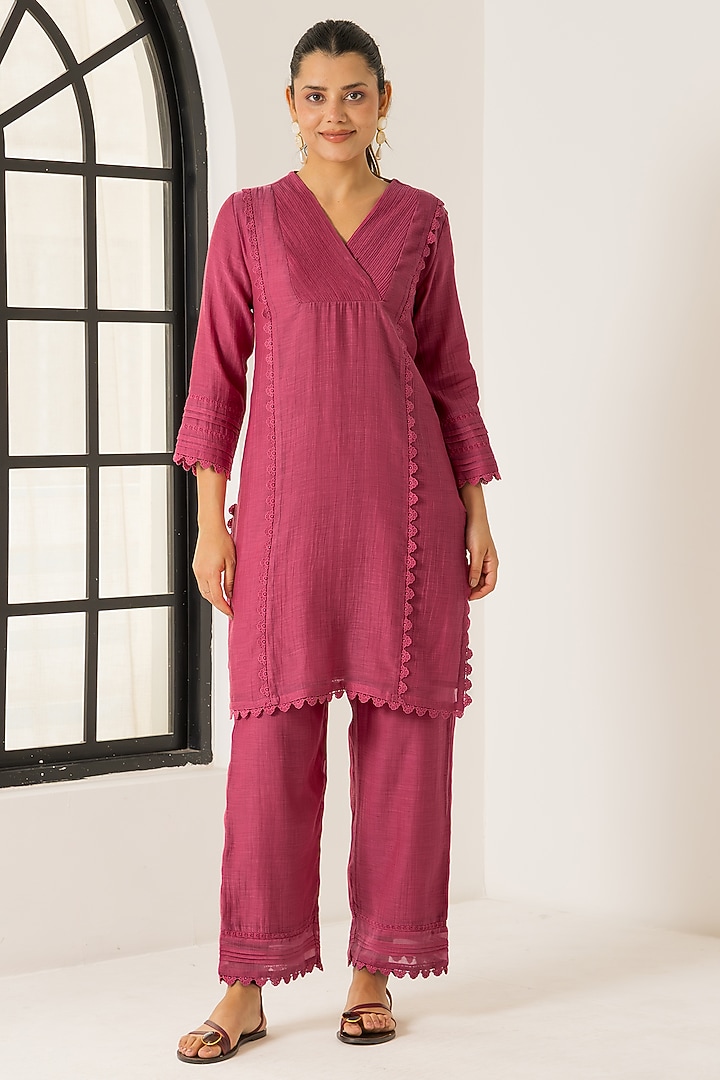Pink Cotton Chanderi Silk Straight Short Kurta Set by DOHR INDIA at Pernia's Pop Up Shop