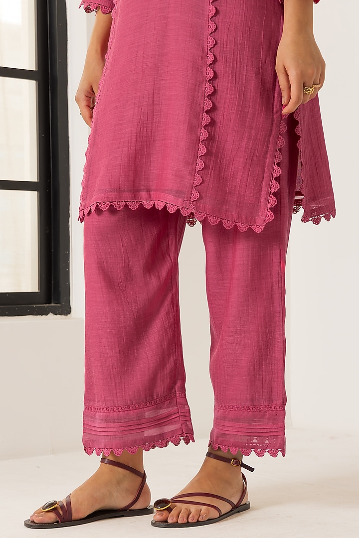 Pink Cotton Chanderi Silk Straight Short Kurta Set by DOHR INDIA at Pernia's Pop Up Shop