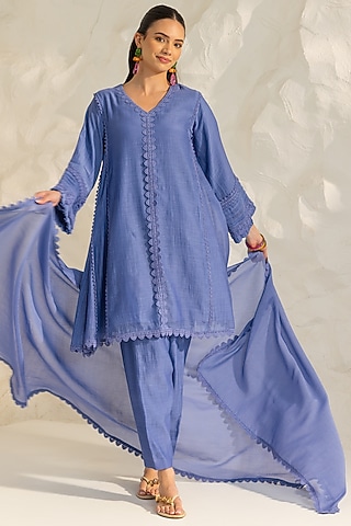 Blue Cotton Silk Chanderi Choga Kurta Set by DOHR INDIA