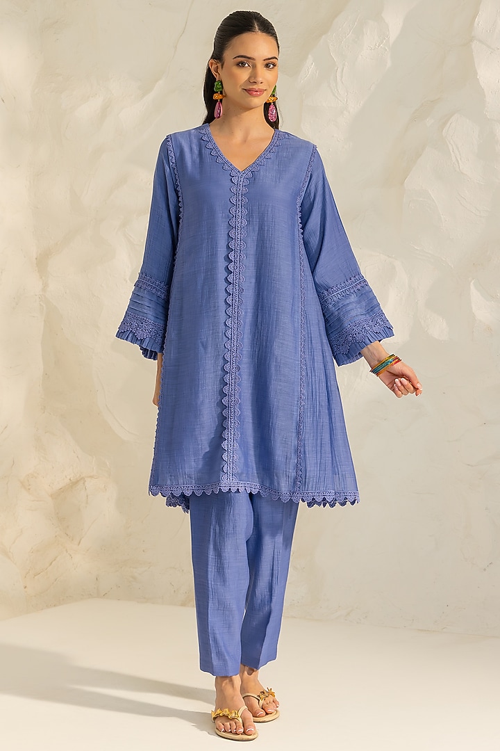Blue Cotton Silk Chanderi Choga Kurta Set by DOHR INDIA at Pernia's Pop Up Shop