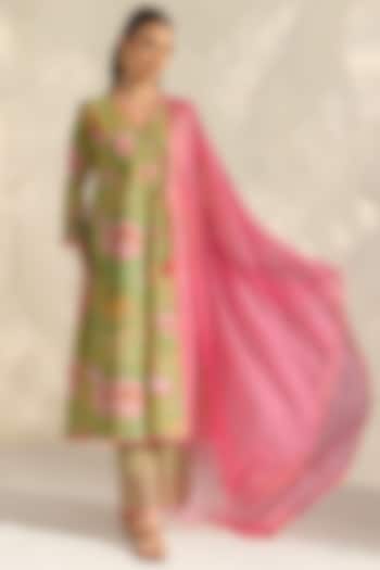 Green Cotton Dobby Floral Printed Angrakha Kurta Set by DOHR INDIA at Pernia's Pop Up Shop