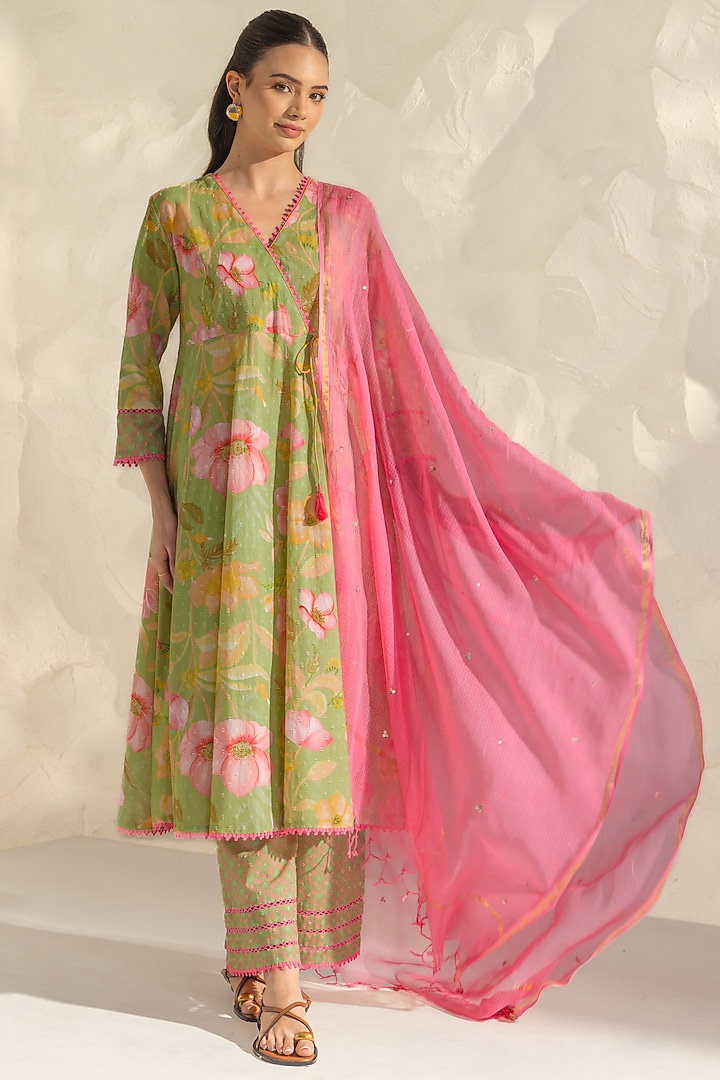 Green Cotton Dobby Floral Printed Angrakha Kurta Set by DOHR INDIA at Pernia's Pop Up Shop
