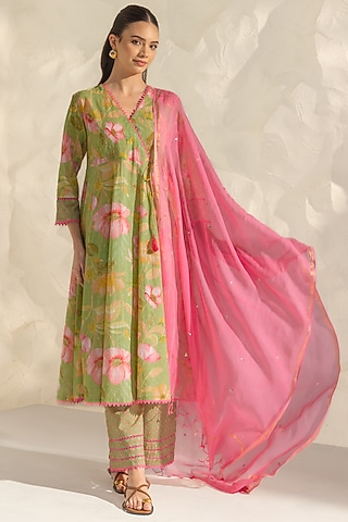 Green Cotton Dobby Floral Printed Angrakha Kurta Set by DOHR INDIA