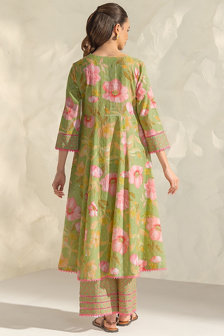 Green Cotton Dobby Floral Printed Angrakha Kurta Set by DOHR INDIA at Pernia's Pop Up Shop
