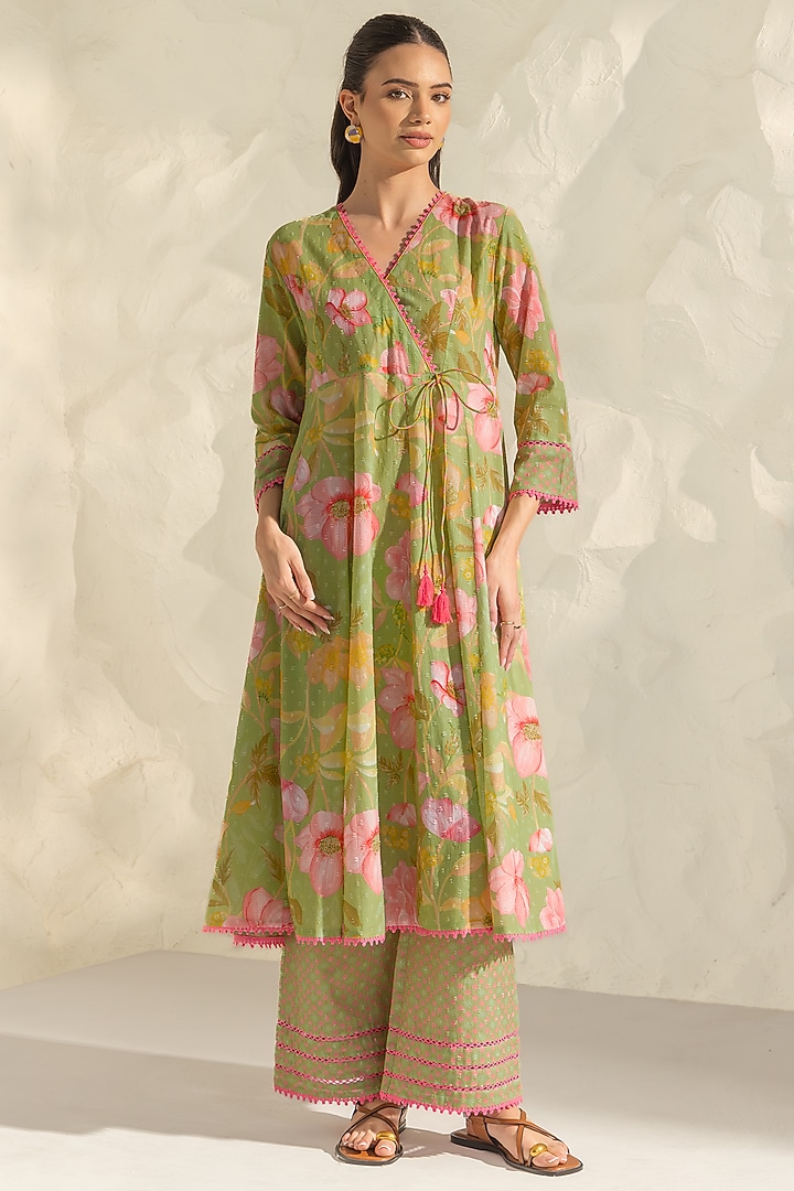 Green Cotton Dobby Floral Printed Angrakha Kurta Set by DOHR INDIA at Pernia's Pop Up Shop