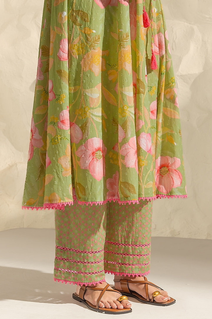 Green Cotton Dobby Floral Printed Angrakha Kurta Set by DOHR INDIA at Pernia's Pop Up Shop